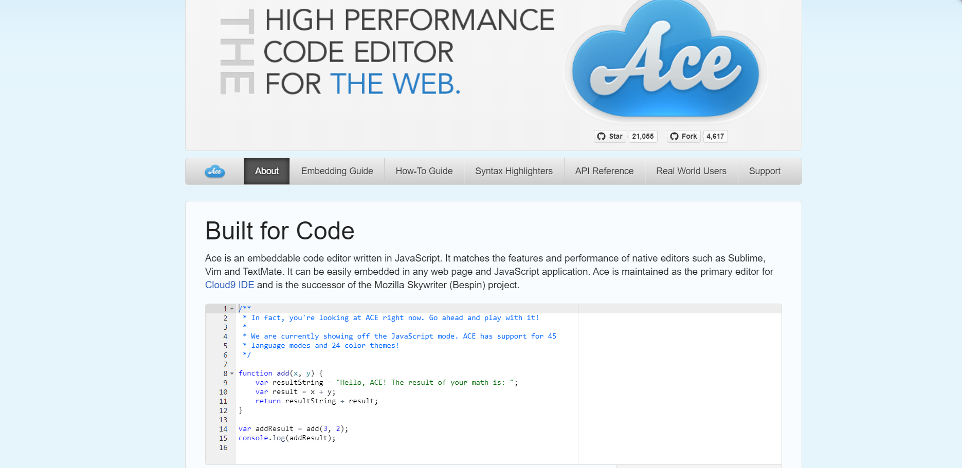 Ace Editor official landing page