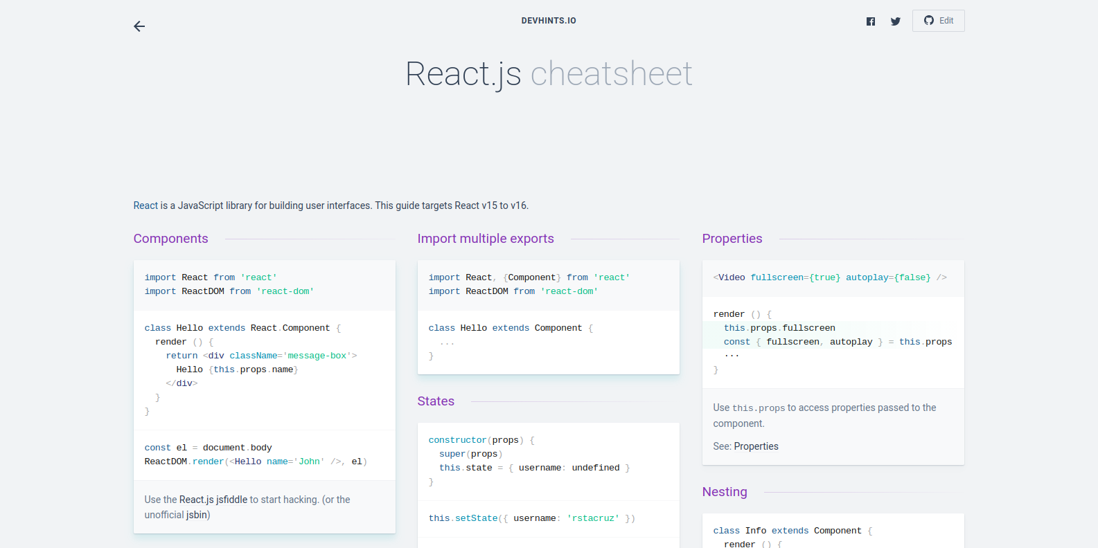 Devhints' React cheatsheet