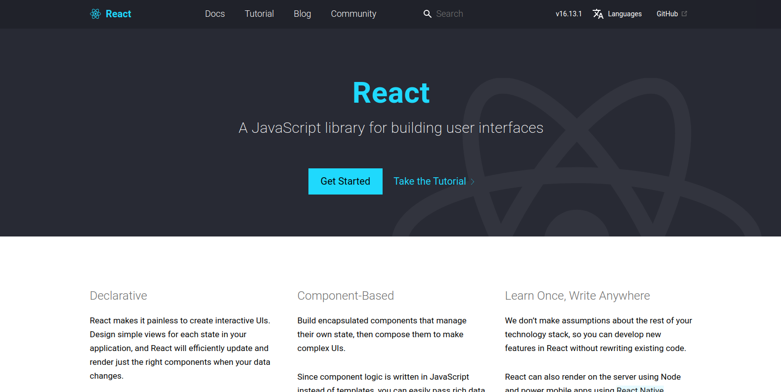 React landing page