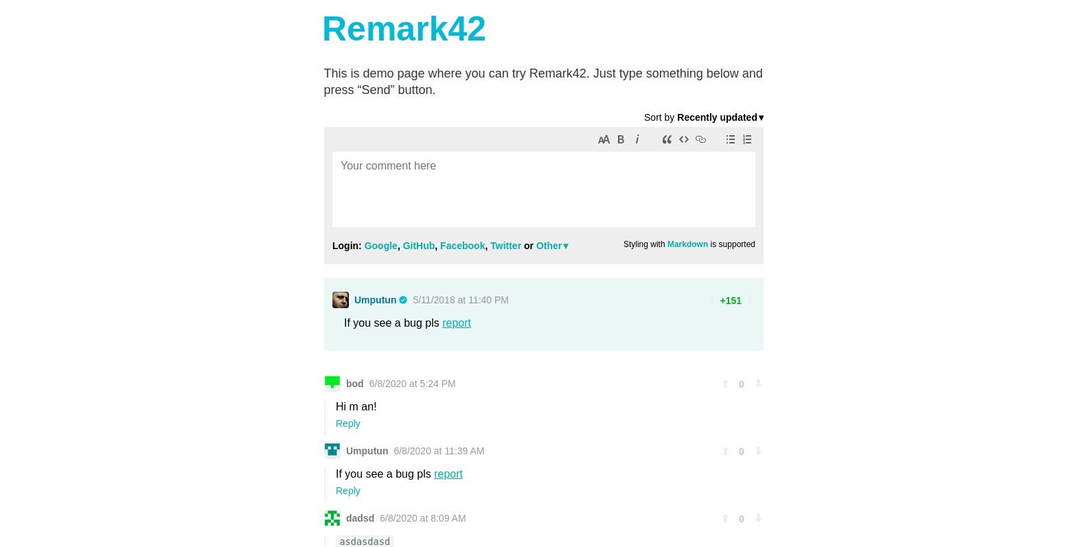 Remark42 example comment section